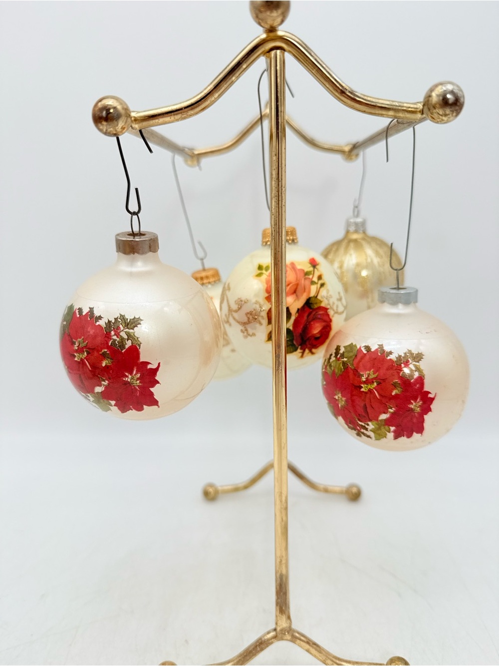 Vintage Cream Poinsettia, flowers, sparkle, Glass Holiday Ornaments - Set of 4